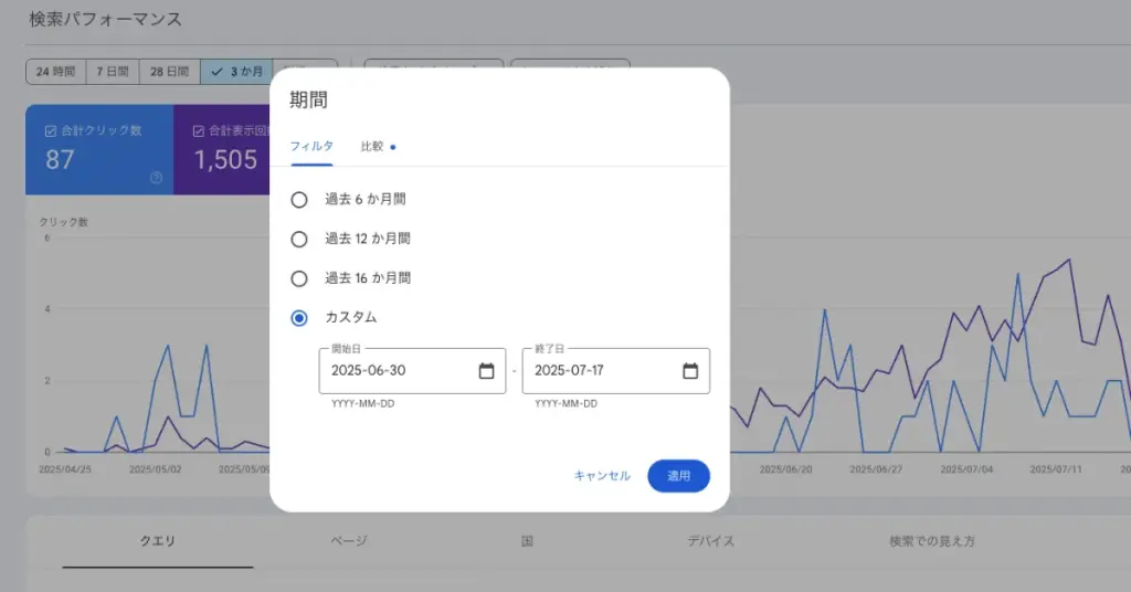 Google Search Console
日付フィルターを「比較」