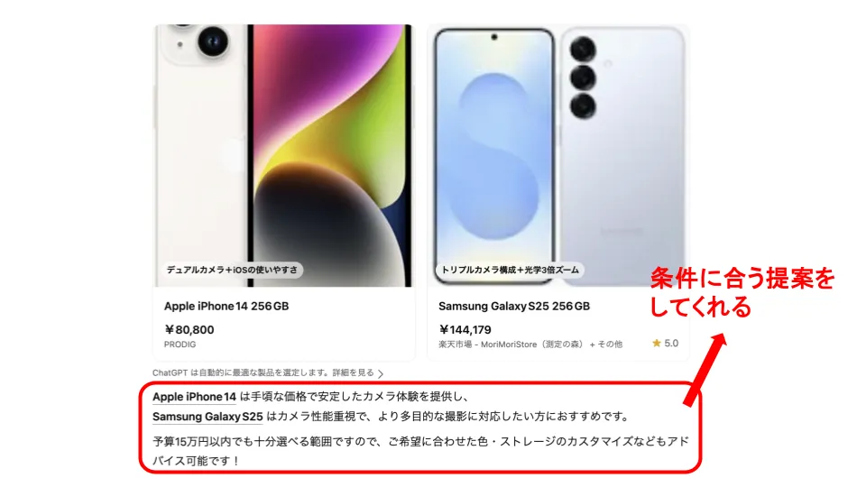 ChatGPTが条件に合う提案をしてくれる例